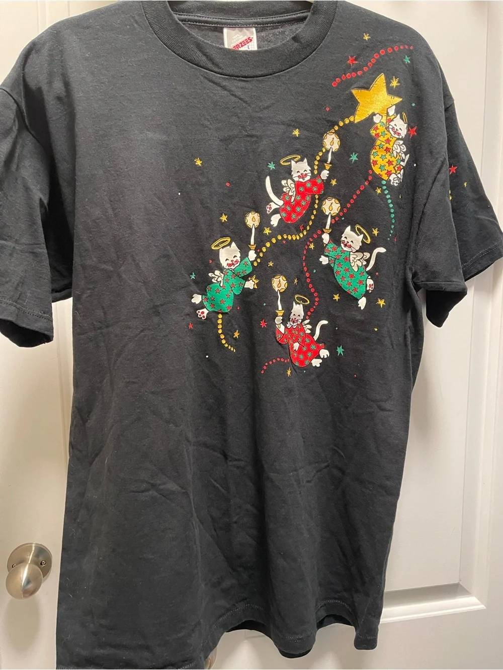 Vintage 90s Jerzees Cat Angel Christmas T Shirt L Black Holiday Graphic USA